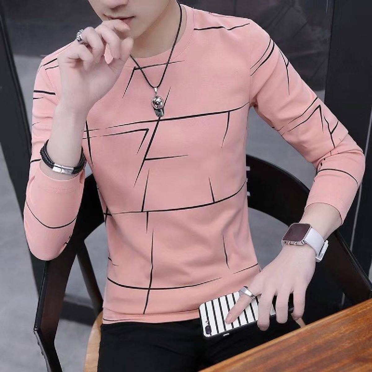 Fancy Cotton Jersey Full Sleeves T Shirt For Men | Best Quality Full Sleeves T Shirt For Men | T Shirt For Boys - Pink T-Shirt with Black Print  - M