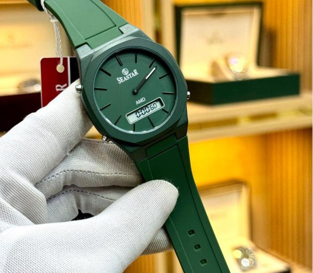 SEASTAR SS-1110Gc Men’s Waterproof Quartz Watch – Analog Digital Display, Silicone Strap, Premium Build (Without Box) - Green