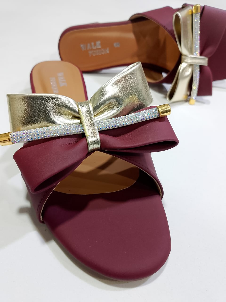 Stylish Maroon Block Heel Slip-On Slippers for Women with Golden Bow and Rhinestone Detailing – Comfortable Daily &amp; Party Wearone perfect pair Stylish | Comfortable | Premium Quality | Slipper | Slipper For Women (With Box) - 7