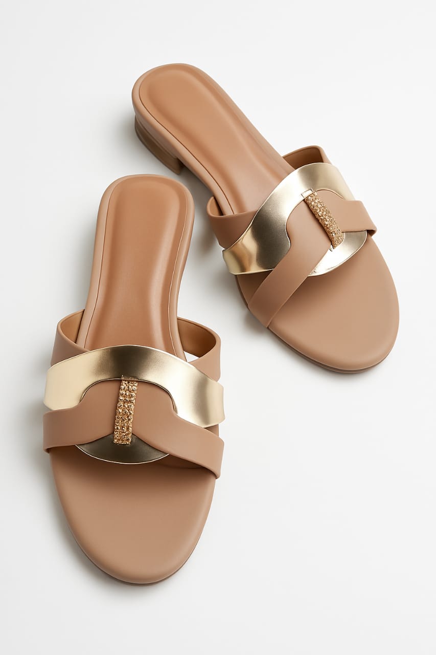 Women's Tan &amp; Gold Embellished Flat Sandals – Stylish Slip-On Slides with Luxury Comfort &amp; Chic Gold Accent Shine with every step — comfort class in one perfect pair | Slipper | Slipper For Women (With Box) - 7