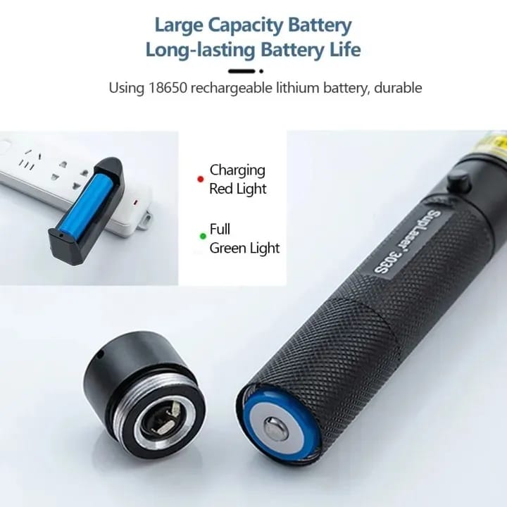 High-Power 303 Green Laser Pointer with Adjustable Focus – Rechargeable 3.7V Battery, Charger &amp; Safety Lock – Rechargeable Green Laser Light, Green Laser Pointer, Green Beam Light