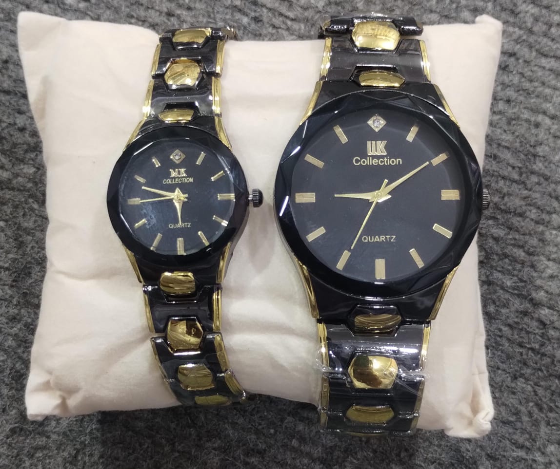 Elegant Couple Watch Set – Luxury Quartz Wristwatches for Him &amp; Her with Dual-Tone Metal Strap - Black And Golden