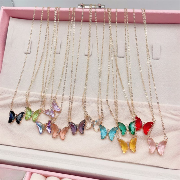 Crystal Butterfly Pendant Necklace for Women – Gold Chain Fashion Jewelry Gift (AWT-108) - Black