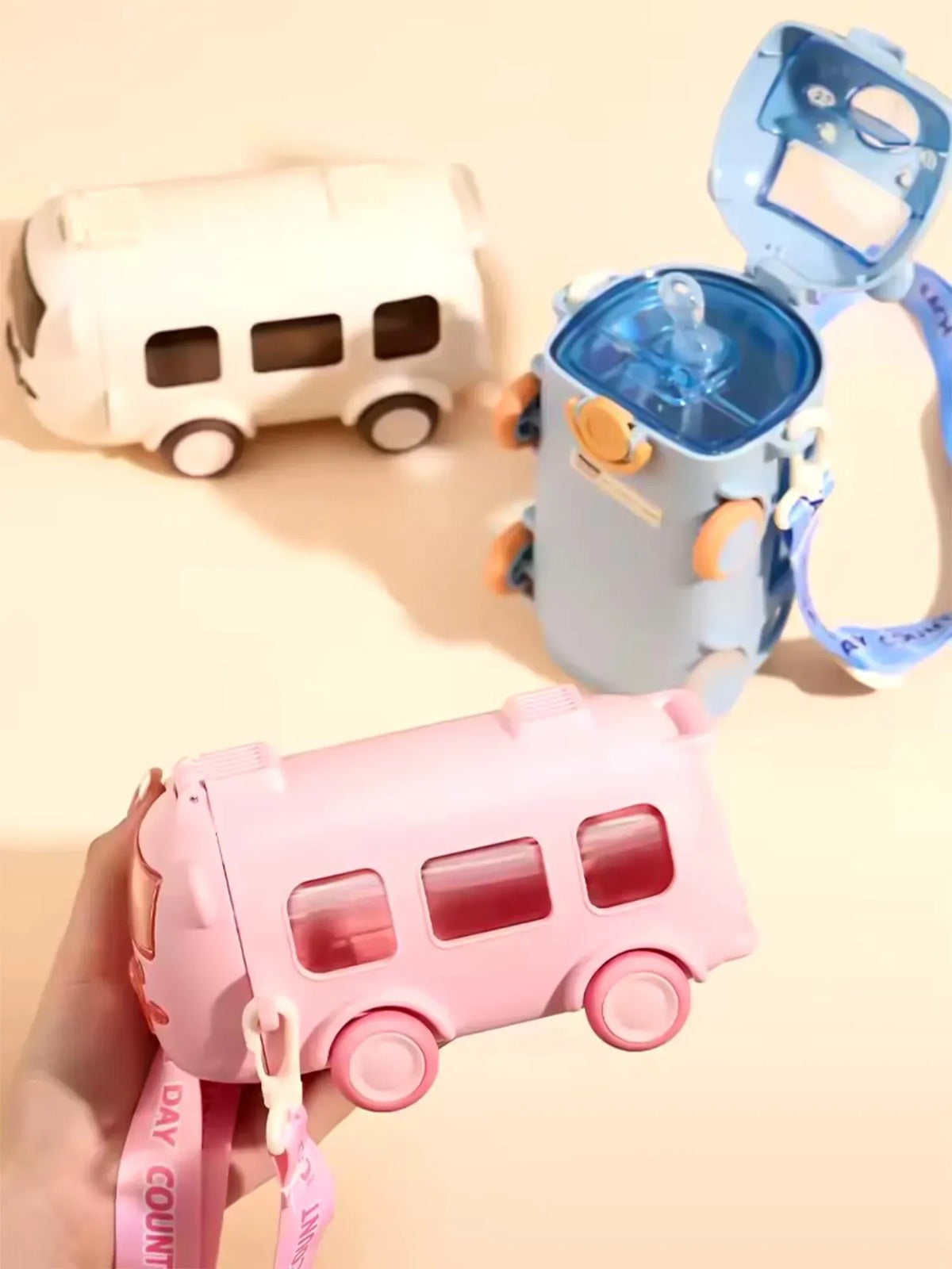 School Bus Design Kids Water Bottle With Strap– 500ml ABS Plastic Leak-Proof Bottle Small Square Drinking Cup – Fun &amp; Durable Water Bottle for Children (Random Color)