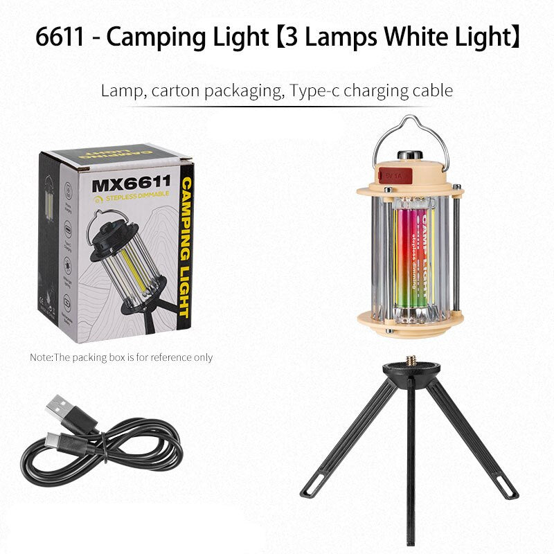 MX6611 Stepless Dimmable LED Camping Light – Portable Rechargeable Outdoor Lantern with Tripod Stand