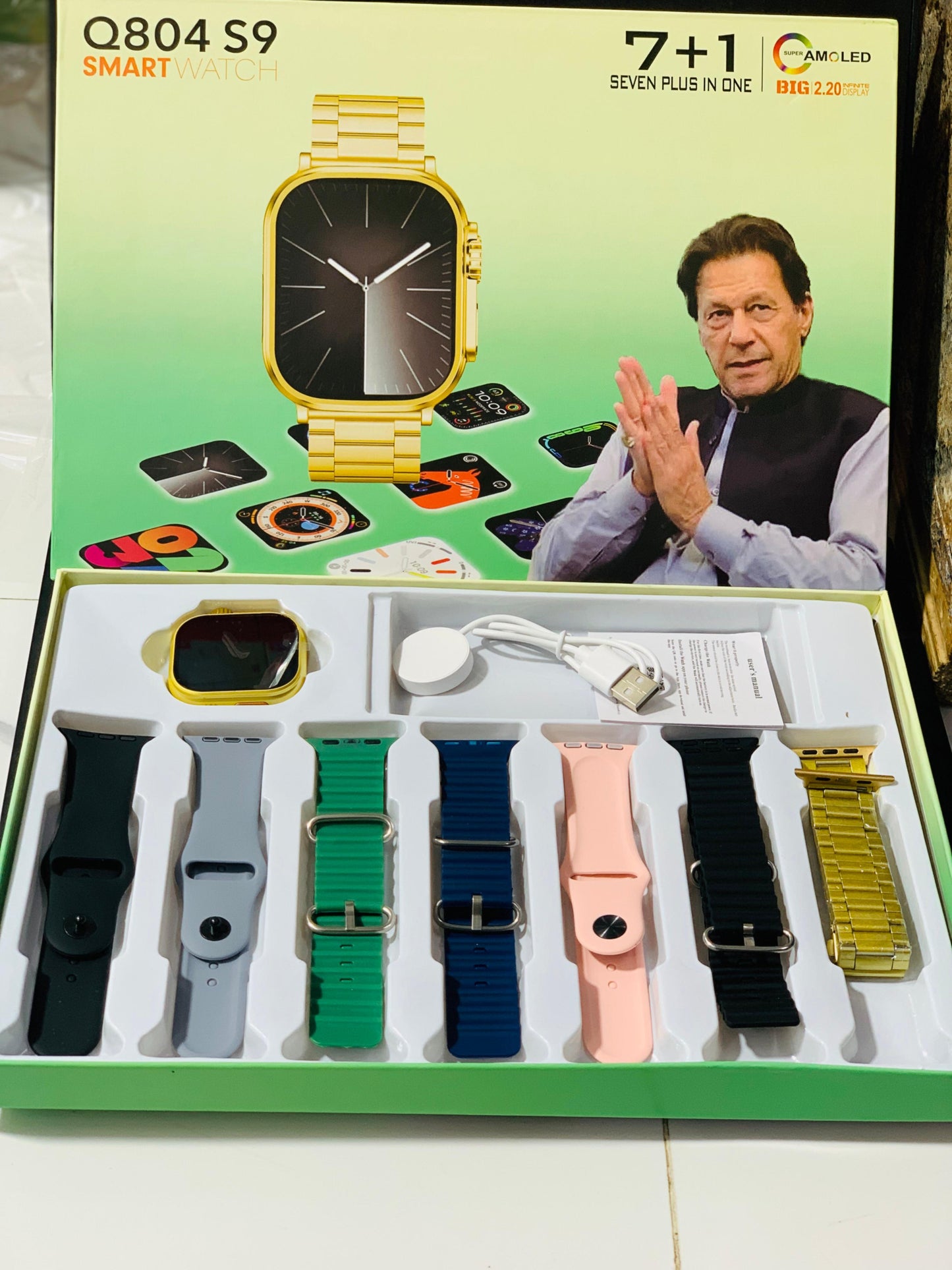 Q804 Imran Khan New Model Watch – Golden Color with 7 Straps &amp; Original Metal Strap