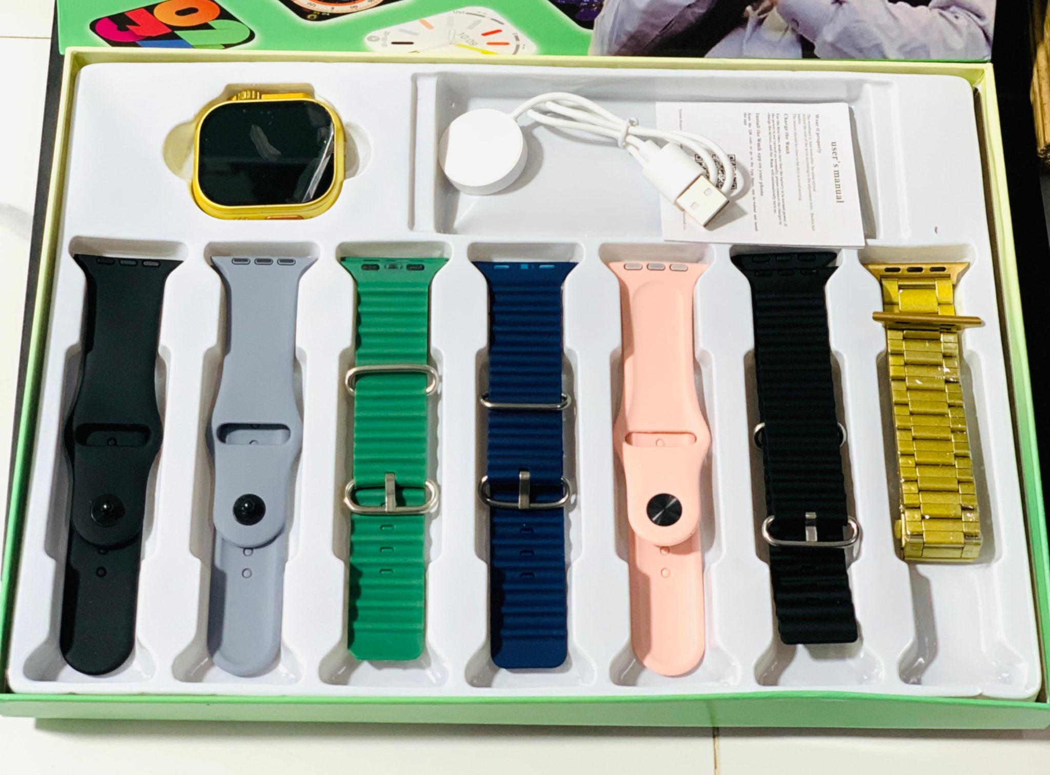 Q804 Imran Khan New Model Watch – Golden Color with 7 Straps &amp; Original Metal Strap