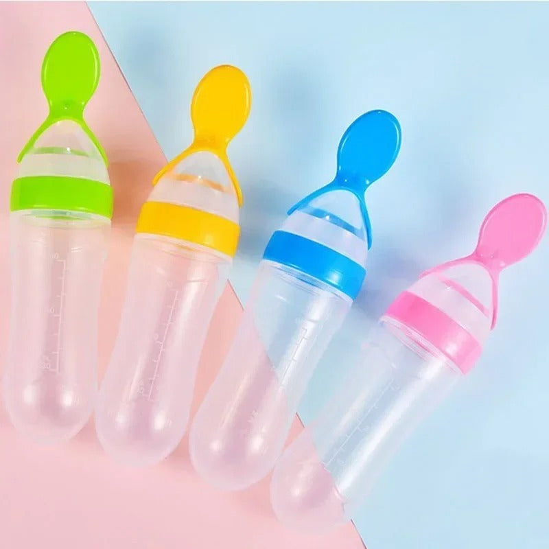Silicone Baby Spoon Squeezing Feeding Bottle Feeder – Soft, Safe &amp; Easy Baby Food Dispenser (Random color)