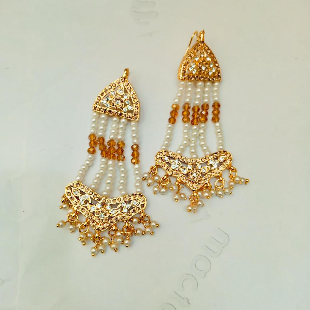 Hyderabadi Long Pearl Dangle Earrings -Trendy Indian Style Long Drop Down Pearls And Crystals -Trendy Drop Earrings