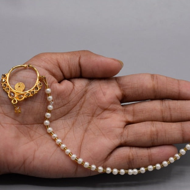 Ladies Indian Style Nose Nath Pearl Stone Line Chain