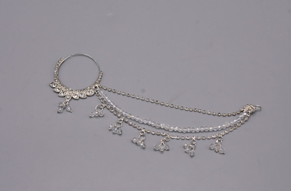 stylish indian silver nath with white pearls