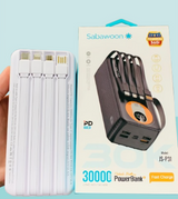 Sabawoon 30000mAh Power Bank – Fast Charging, Built-in 4 Cables, Lithium Battery, Universal Mobile Compatibility