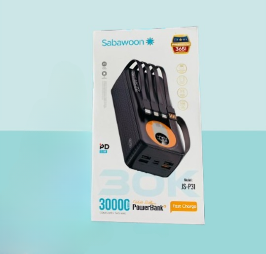Sabawoon 30000mAh Power Bank – Fast Charging, Built-in 4 Cables, Lithium Battery, Universal Mobile Compatibility