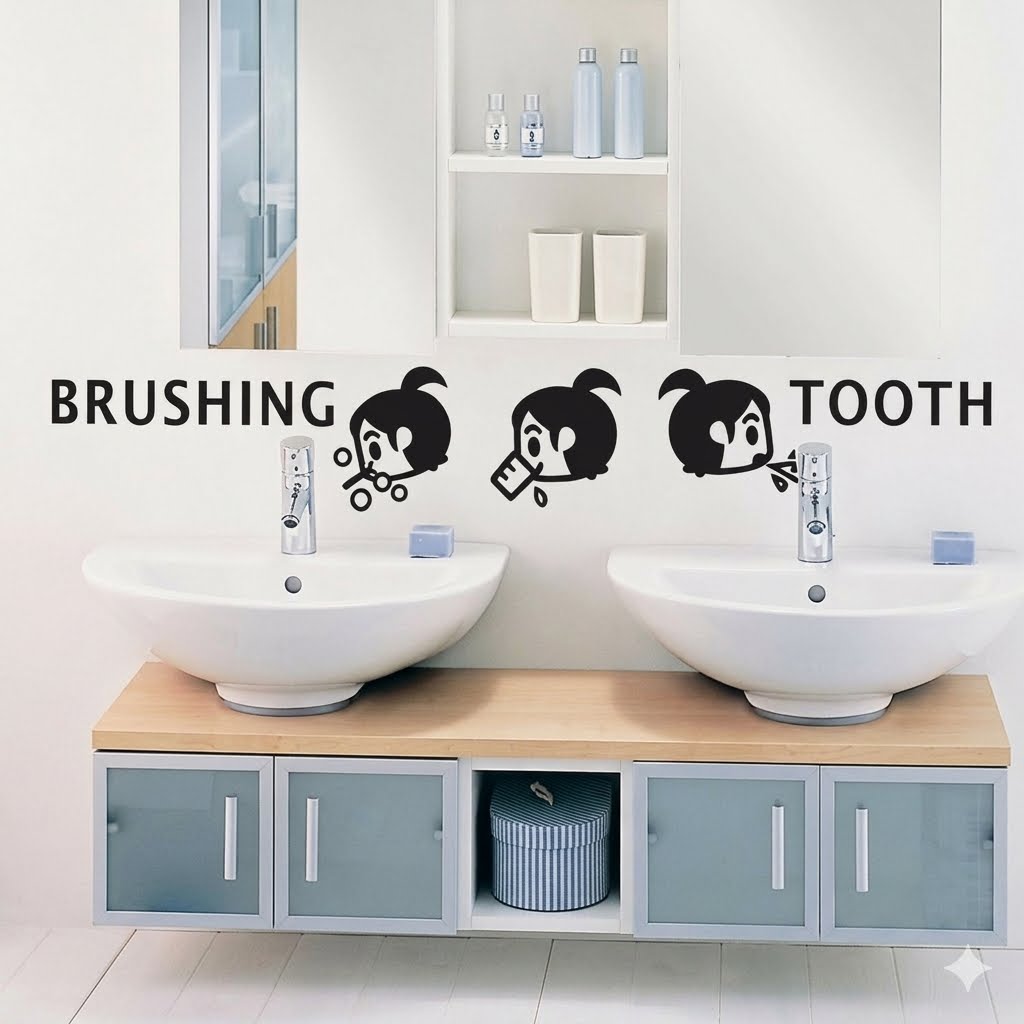 Pegatina de Pared de Dientes de Cepillado de niña pequeña de Dibujos Animados, decoración de Lavabo de baño para el hogar, calcomanías de Arte Mural, Pegatinas Bonitas para niños, Papel Tapiz size 12x58 k37
