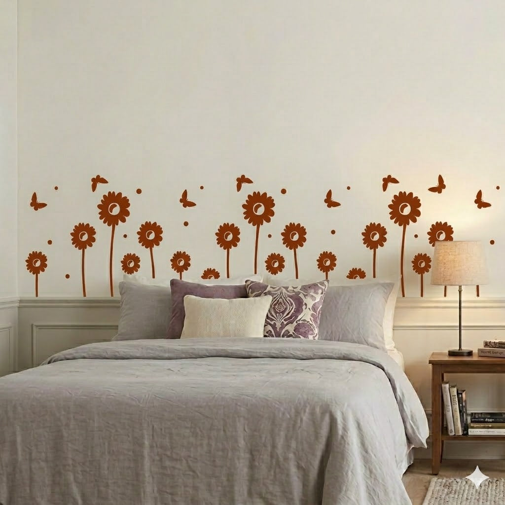 Modern Sunflower Wall Sticker with Flying Butterflies size 22x45