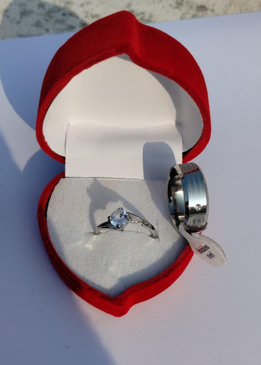 Elegant Stainless Steel Eternal Promise Couple Ring Set Featuring a Sparkling Solitaire Engagement Ring and a Sophisticated Modern Band for Lovers ( free size )
