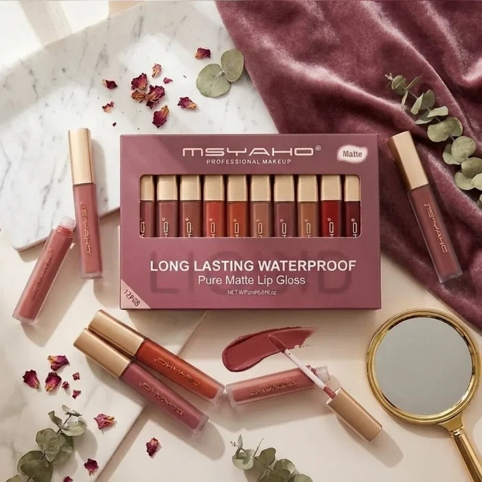 MSYAHO Long‑Lasting Pure Matte Lip Gloss – Pack of 12 Shades