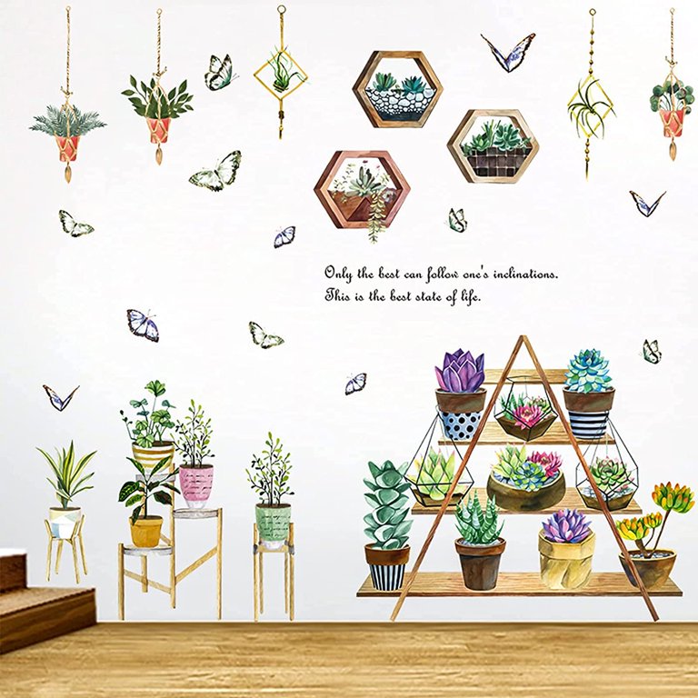 Bonsai wall stickers with hanging green succulent plants, removable potted flower butterfly wallpaper decals, natural art murals for bedroom, sofa, background, window, door, decorations by Vhermosa  size 30x45cm ht94020
