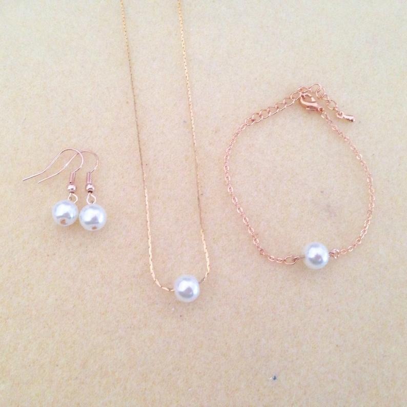Floating Single Pearl Jewelry Set - Pearl Jewelry Set Necklace Bracelet Earrings