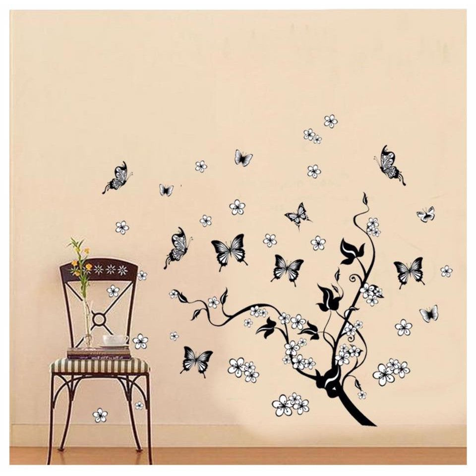 AY9124 Black Butterfly Flower rattan DIY Removable Wall Stickers