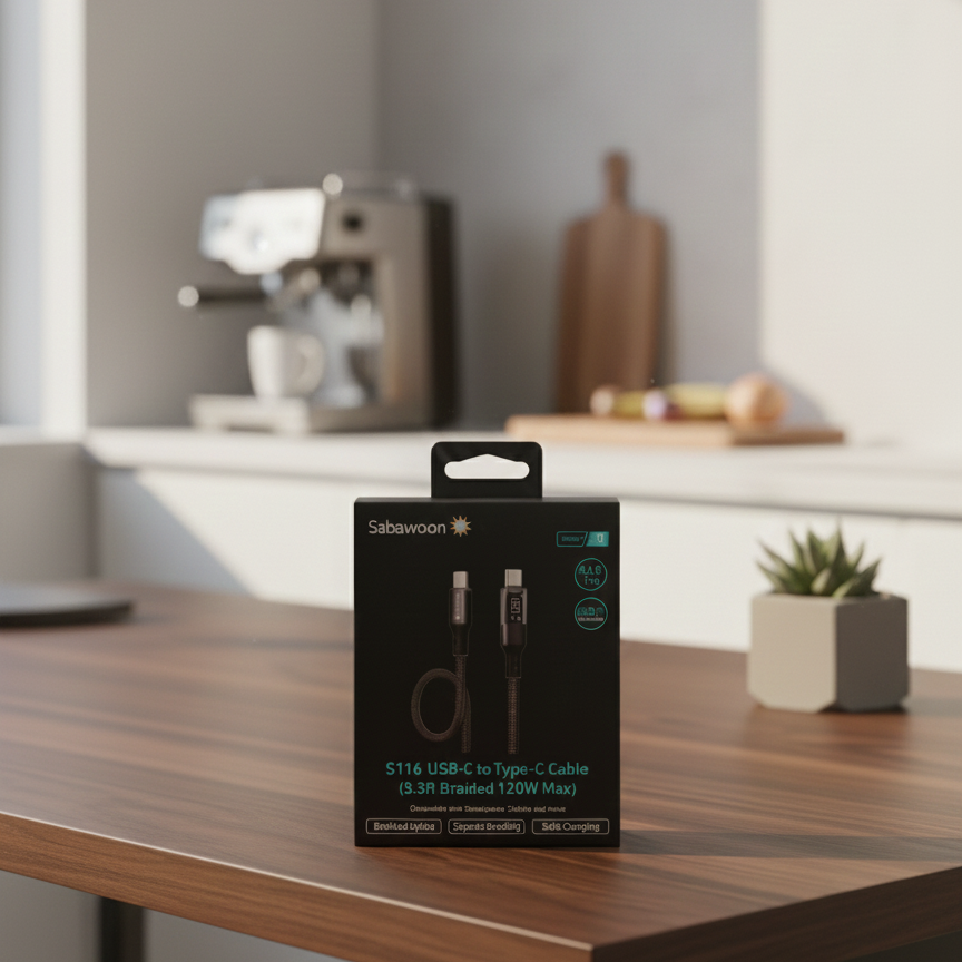 Sabawoon S116 USB-C to USB-C Braided Charging Cable – 120W Max Fast Charge with Integrated LED Power Display (3.3ft/1m)