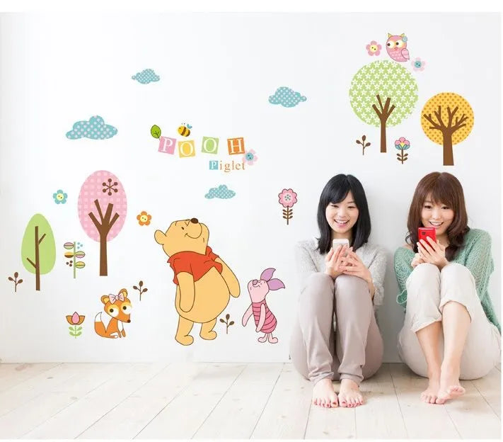 Jungle Theme Pooh Bear, Piglet, Cat and Owl Artistic Decal Wall Sticker for Kids Room abc 1021 60x90cm