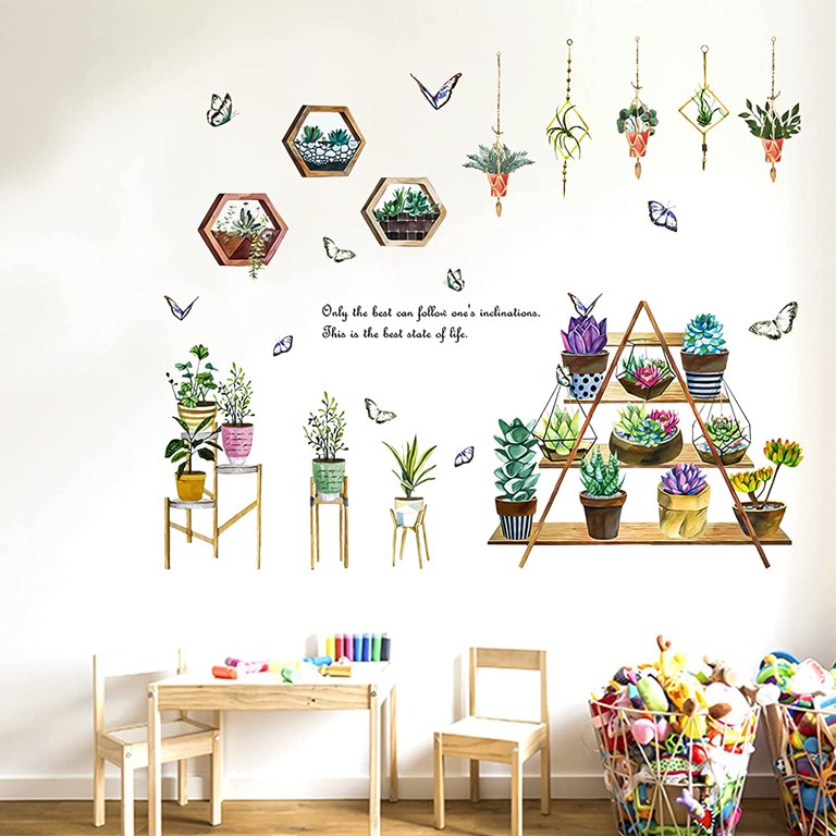 Bonsai wall stickers with hanging green succulent plants, removable potted flower butterfly wallpaper decals, natural art murals for bedroom, sofa, background, window, door, decorations by Vhermosa  size 30x45cm ht94020