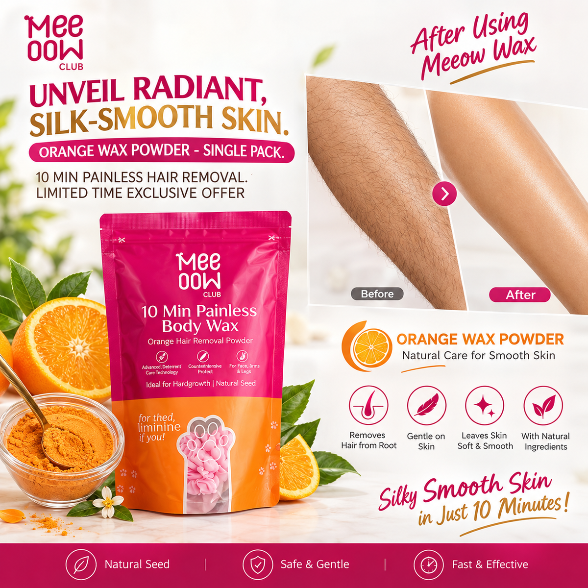 Meow Club 10 Min Painless Body Wax Orange Hair Removal Powder for Women