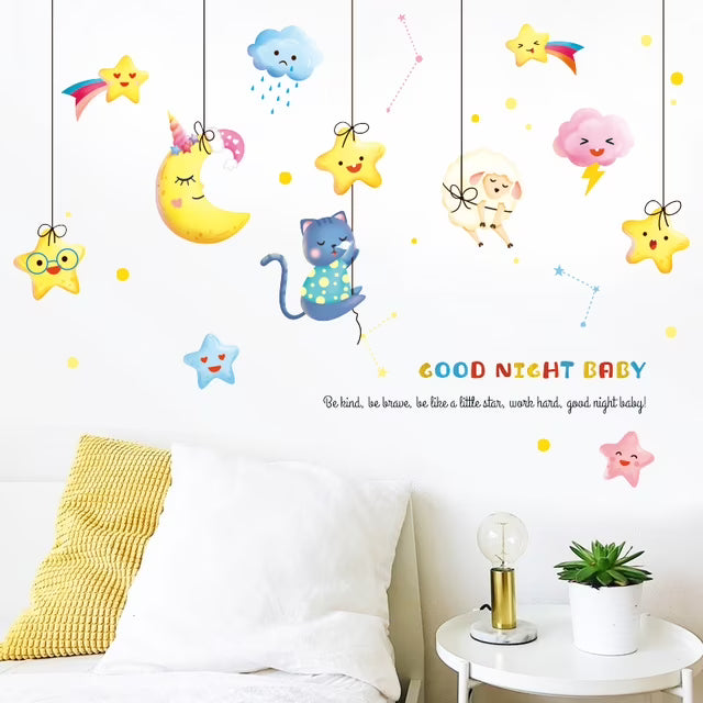 Adorable Kitty With Stars Wall Sticker | Magical Baby Room Decor size 60x90 hm94005
