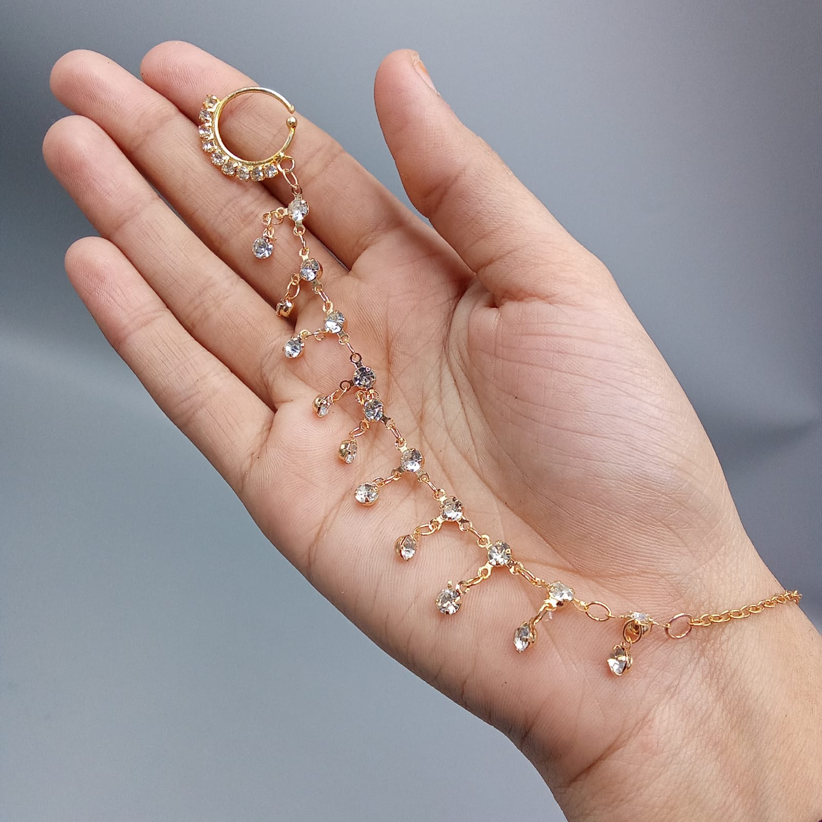 Non Piercing Nose Ring with Chain, Clip on Nose Ring, flower Nath Nathiya, Bohemian Style Golden ASIAN Rajhistani Nonpierced Nath Chain Pierced Nose Ring Bridal Nath Nose Pins - Nathiya - Naak Patti - Non-Pierced Bahubali Nosering