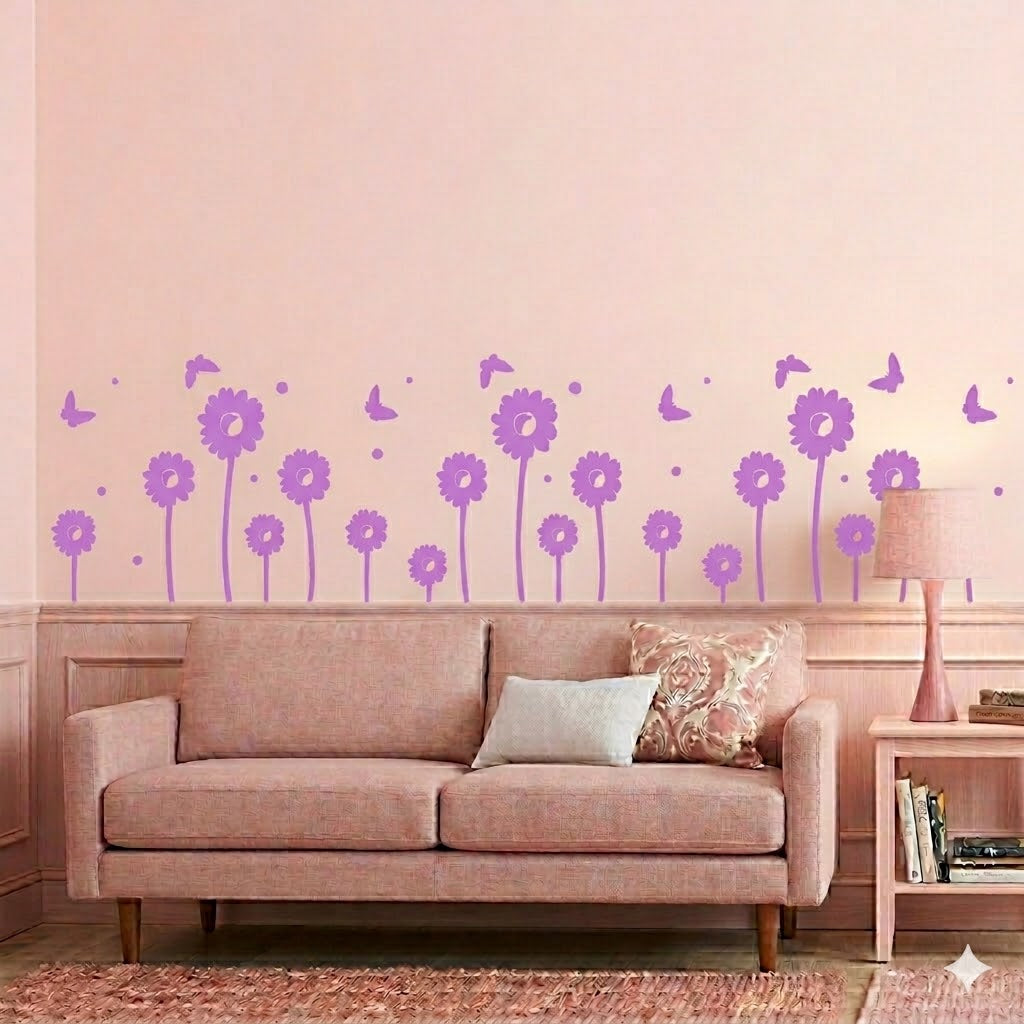 Modern Sunflower Wall Sticker with Flying Butterflies size 22x45