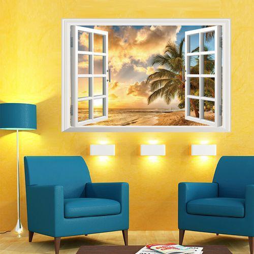 3D wall background wall stickers XL8022B sunset under the beach fake windows wall stickers