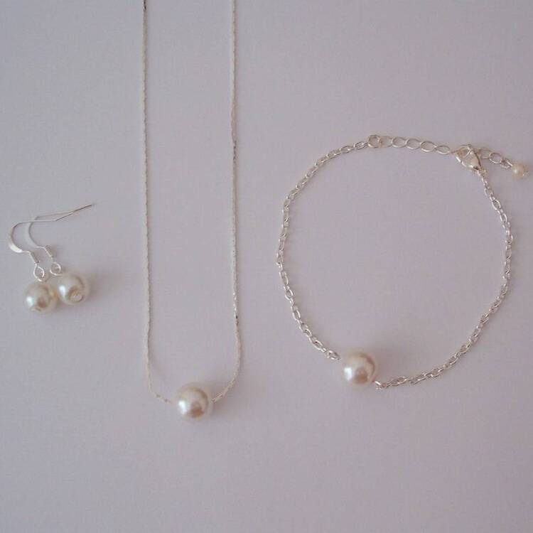 Floating Single Pearl Jewelry Set - Pearl Jewelry Set Necklace Bracelet Earrings