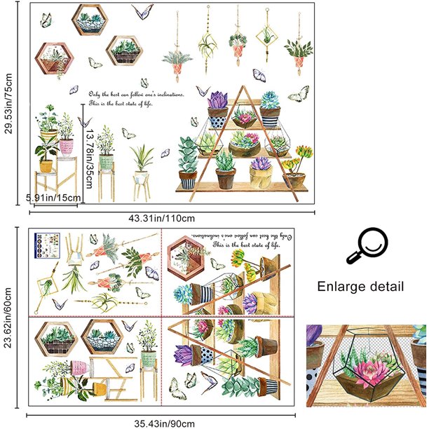 Bonsai wall stickers with hanging green succulent plants, removable potted flower butterfly wallpaper decals, natural art murals for bedroom, sofa, background, window, door, decorations by Vhermosa  size 30x45cm ht94020