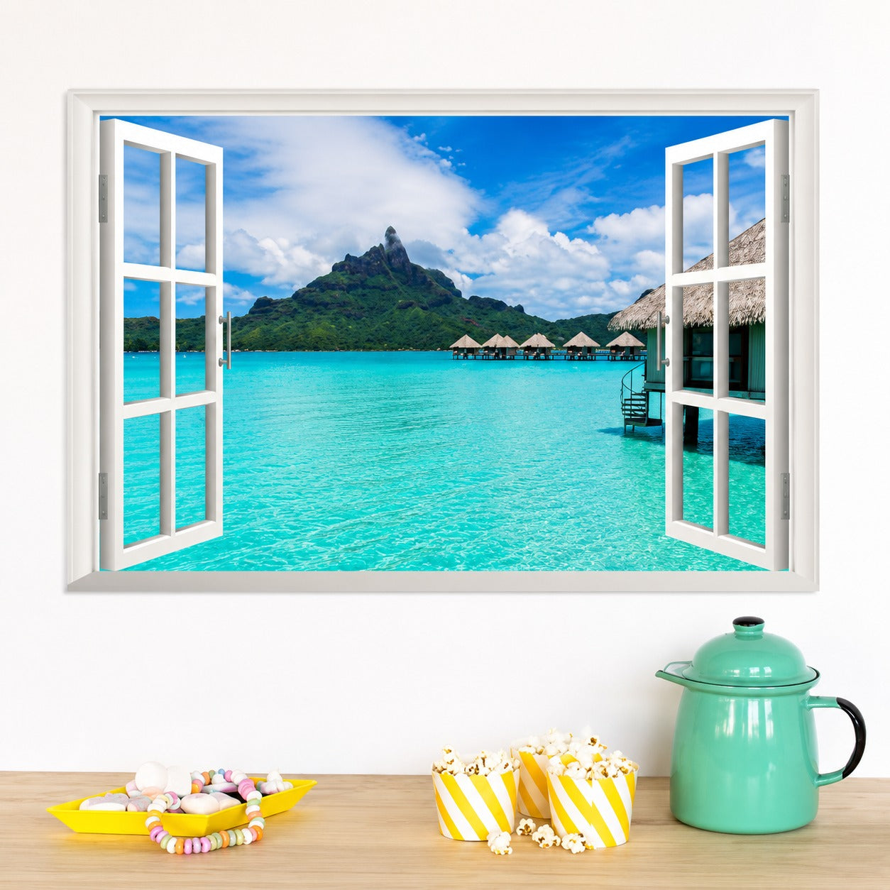 Sea View Fake Window Art Mural Palm Tree 3d Vinyl Wall Stickers Home Decoration Blue Sky Clear Water Scenery Wallpaper size 50x70 ncs14130