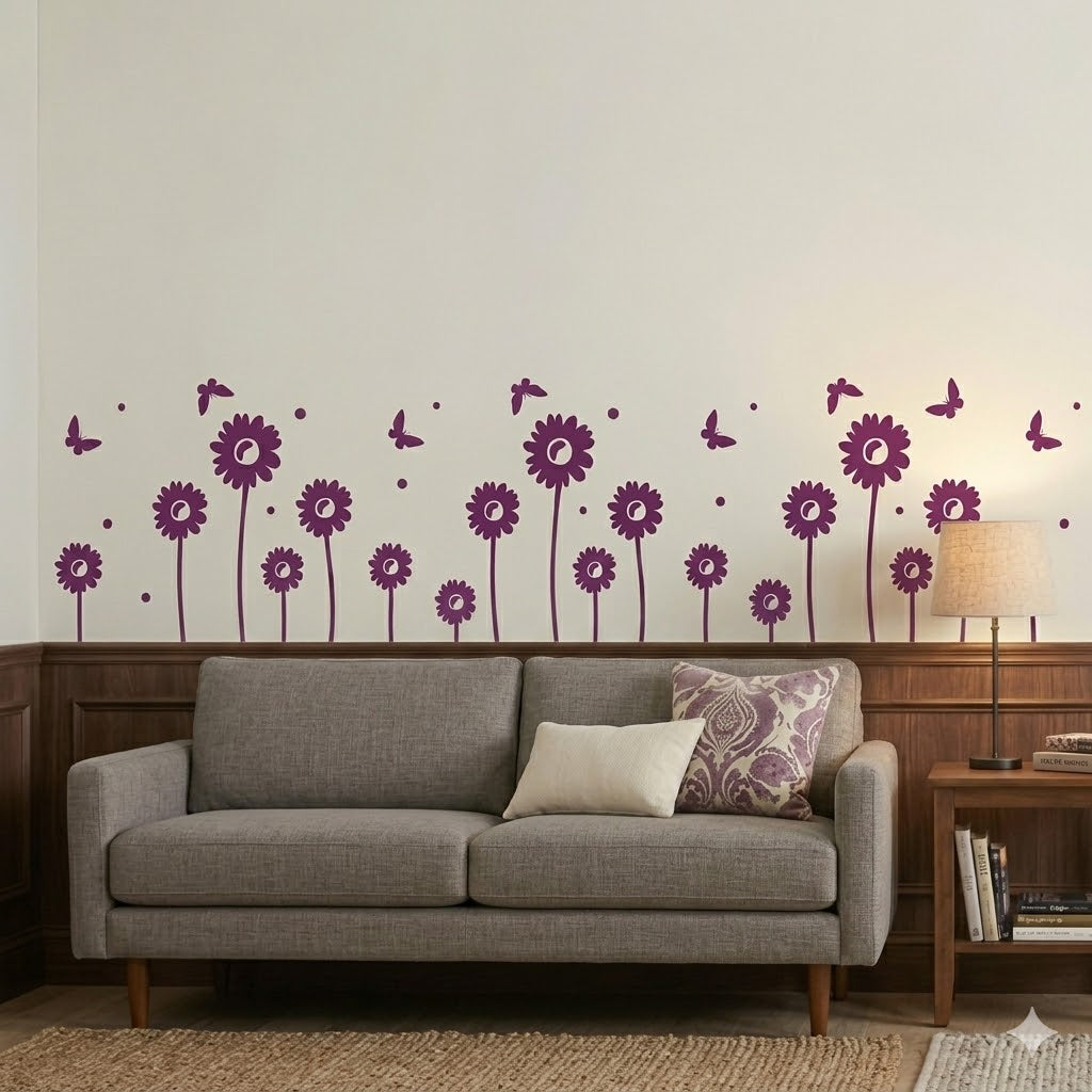 Modern Sunflower Wall Sticker with Flying Butterflies size 22x45