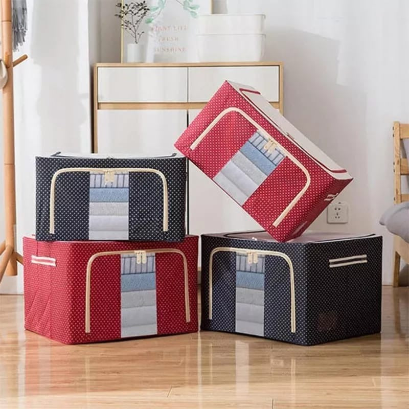 Foldable Metal Frame Clothes Storage Organizer Bag – Large Capacity Fabric Wardrobe Box with Zipper & Clear Window