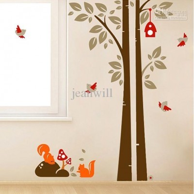 Brown Tree with Squirrels and Birds Wall Decal