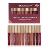 MSYAHU Professional Makeup Long Lasting Waterproof Pure Matte Lip Gloss set in a burgundy box, with ten lip gloss tubes displayed both inside the windowed packaging and lined up below. The shades range from nude pinks and terracotta to deep burgundy, with gold caps.