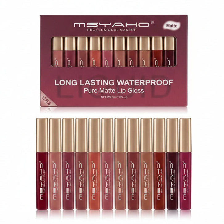 MSYAHU Professional Makeup Long Lasting Waterproof Pure Matte Lip Gloss set in a burgundy box, with ten lip gloss tubes displayed both inside the windowed packaging and lined up below. The shades range from nude pinks and terracotta to deep burgundy, with gold caps.