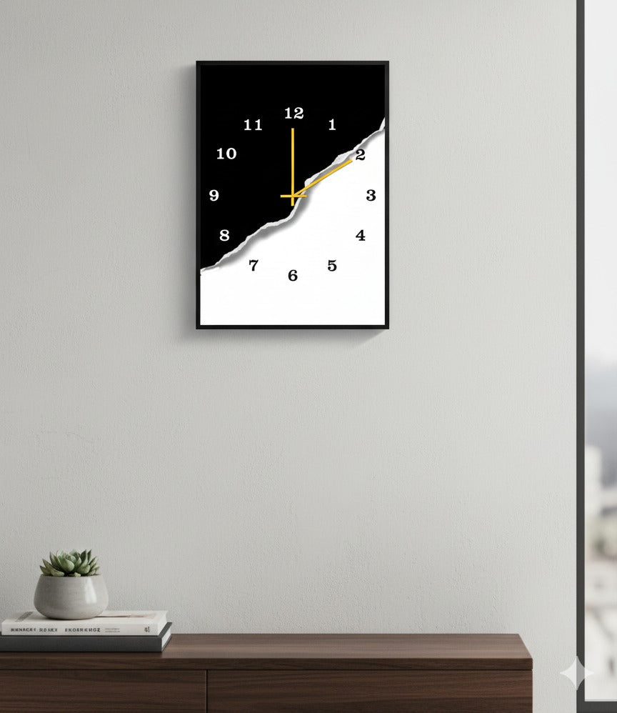 Modern Black & White Wooden Wall Clock – 12x16 Inch Minimalist Art Design with Golden Hands
