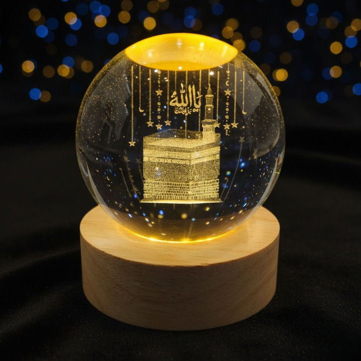 Crystal Ball 3D Khana Kaba Shape Night Lamp – Islamic Table Light For Prayer Rooms, Home Decor, And Gifting