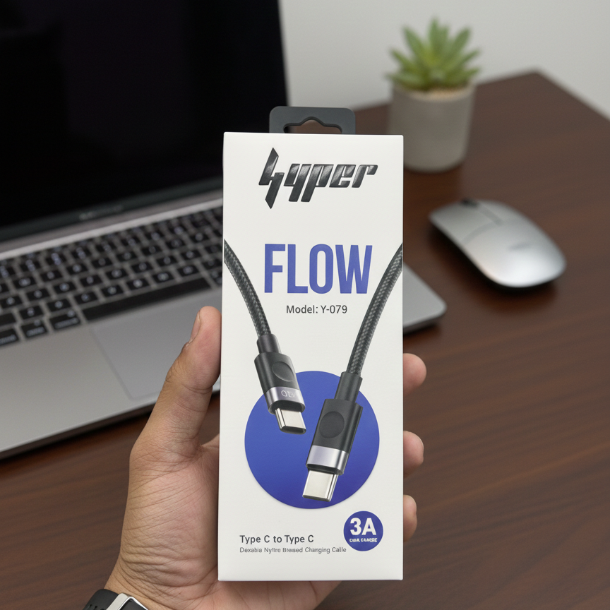 Hyper FLOW Type-C to Type-C Fast Charging Cable | Model Y-079 | 3A Nylon Braided