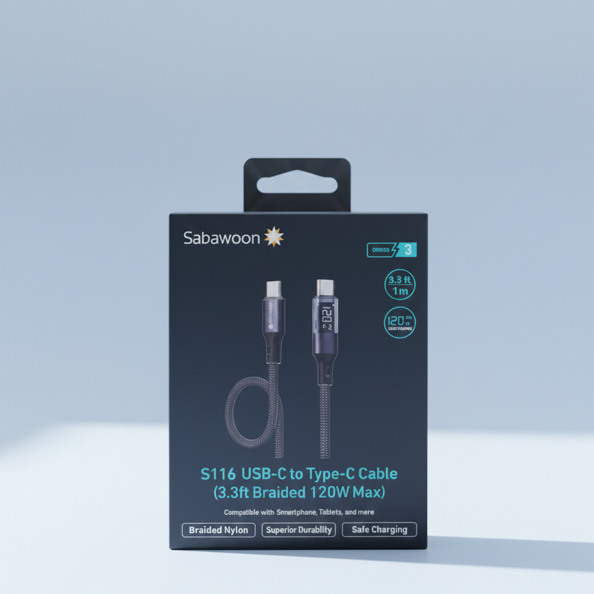 Sabawoon S116 USB-C to USB-C Braided Charging Cable – 120W Max Fast Charge with Integrated LED Power Display (3.3ft/1m)