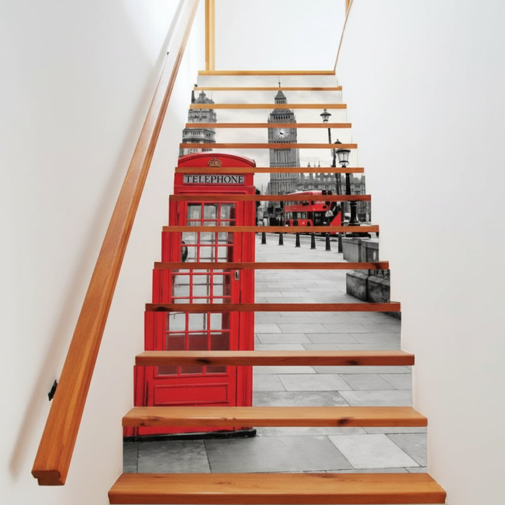 A.Monamour 3D Self-Adhesive Removable Stair Stickers Red Telephone Booth London City Big Ben Architecture Vinyl Stair Riser Decals Kitchen Tile Stickers Mural Wall Stickers Wallpaper 13 Pieces size 97x17cm pc12 nc104000000000