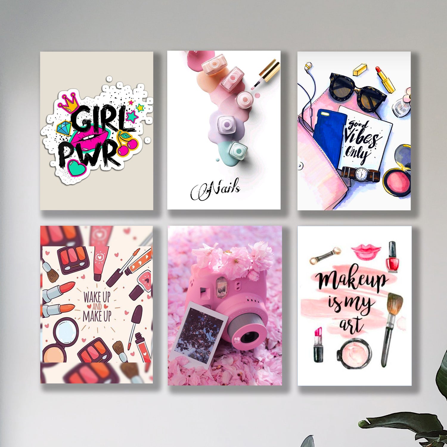 set of 6 make up themed girls room decore wall art wooden sticky Phototile frames