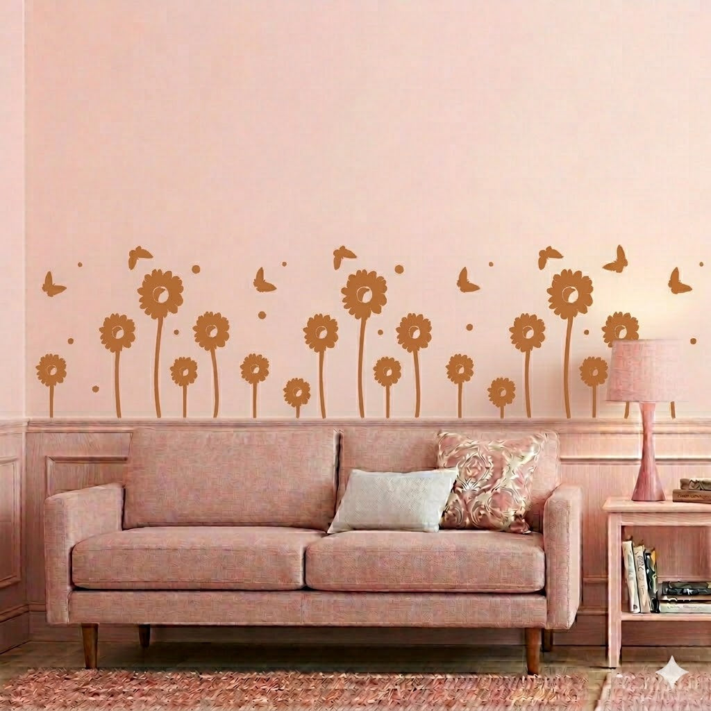 Modern Sunflower Wall Sticker with Flying Butterflies size 22x45