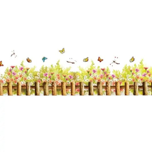 Hyggelig wallsticker med et lille hegn, blomster, sommerfugle mm size  50x70cm Am 7077
