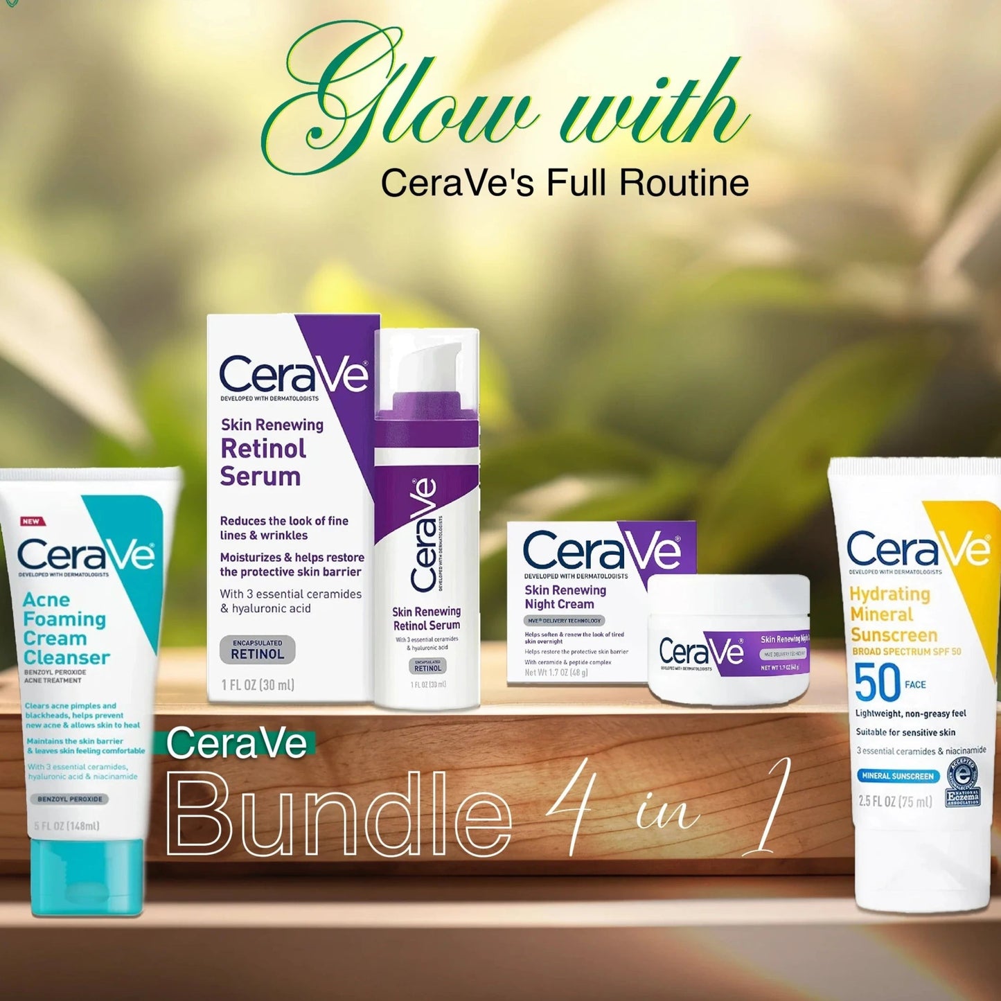 CeraVe 4 in 1 Complete Skincare Kit – Night Cream, Sunblock, Cleanser & Hydrating Serum for Radiant, Healthy, Smooth & Moisturized Skin