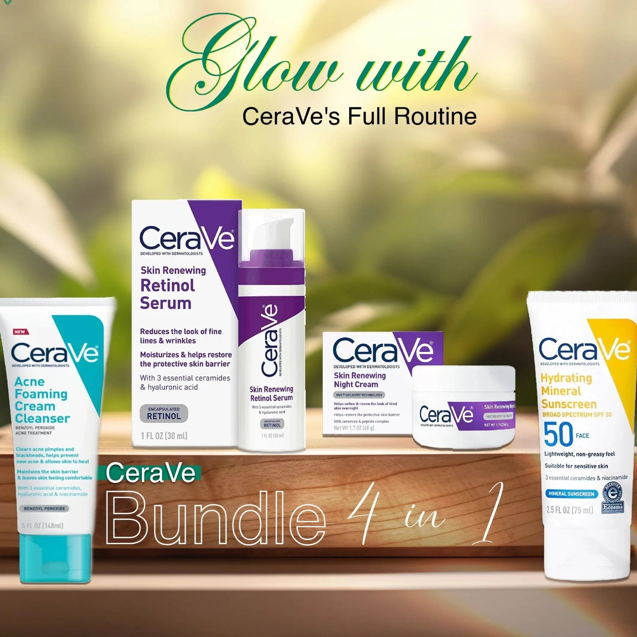 CeraVe 4 in 1 Complete Skincare Kit – Night Cream, Sunblock, Cleanser & Hydrating Serum for Radiant, Healthy, Smooth & Moisturized Skin